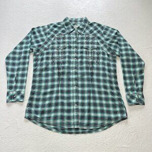 Wrangler Rock 47 Pearl Snap Shirt Womens XL Blue Plaid Long Sleeve Western Rodeo